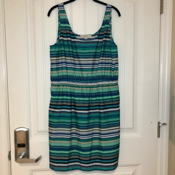 Loft Green & Blue Striped Sleeveless Dress Size Large - Picture 1 of 9
